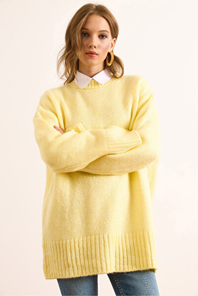 Olalook Kadın Sarı Bisiklet Yaka Kalın Bantlı Oversize Triko Kazak KZK-19000988