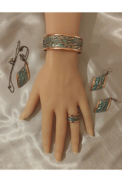 Laja&Co Üsküp Dream Series Pure Copper 4-Piece Jewelry Set Necklace Bracelet Earrings Ring (Turquoise)