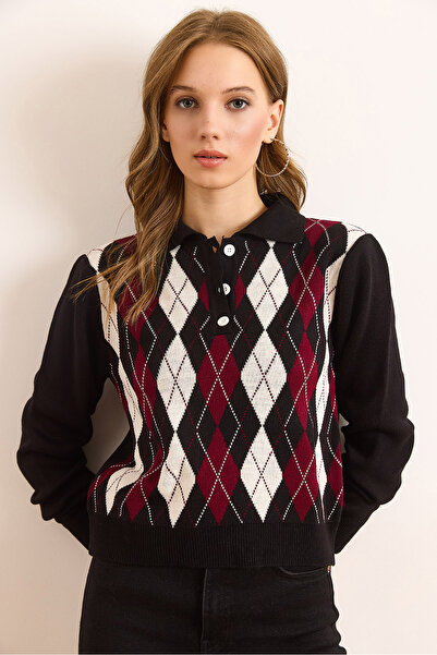 Olalook Women's Black Polo Neck Buttoned Diamond Pattern Knitwear Blouse Blz-19003095