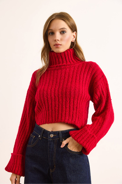 Olalook Women's Red Turtleneck Soft Textured Ribbed Crop Sweater Kzk-19000983