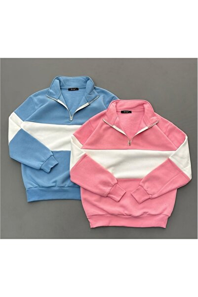 HerTarzınTrendi 3-Thread 2-Piece Combination Half Zipper Cotton Pink and Blue...