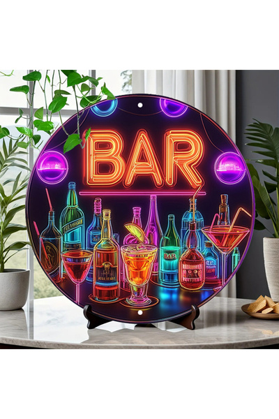 Choice 8x8inch(20x20cm) Red Retro Bar Metal Sign 7.8x7.8" Round Aluminum Wall Art with Colorful Drinks & Gl