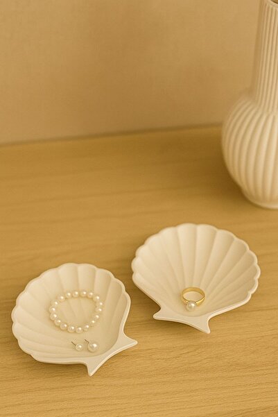 ZURİ DESİGN Midye Formlu Beton Dekoratif Takı ve Aksesuar Tabağı 8 x 14 (2’li...