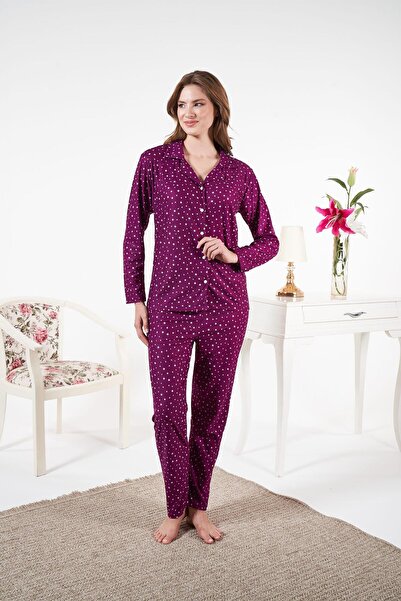 Estiva Women's Winter Front Buttoned Star Patterned Suede Pajama Set