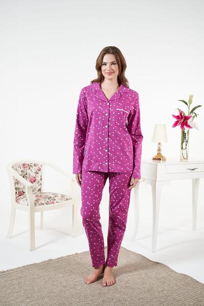 Estiva Women's Winter Front Buttoned Polka Dot Combed Cotton Lycra Pajama Set Fuchsia