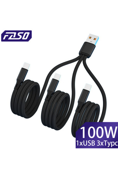 Choice 0.2 م كابل بيانات شحن سريع FASO 3 في 1 USB-A إلى 3 ×Type-C 100 وات 6 أمبير للهواتف Samsung Galacy S24 Xi
