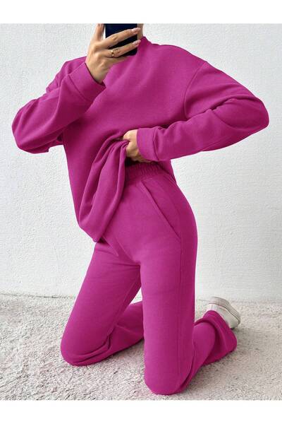 BLUSS Modern Street Style Fuchsia Embellished Women's Tracksuit Set