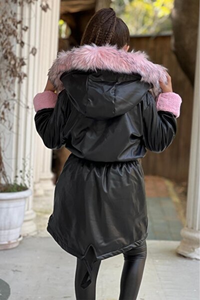 Burçak Butik Hakiki İthal Kürk Kapüşonlu - İçi Pelüşlü - Kışlık Kız Çocuk Dışı Deri Siyah Mont Kaban