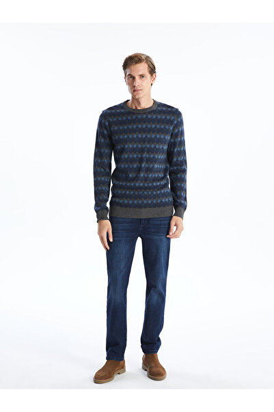 LC Waikiki Ανδρικό πλεκτό πουλόβερ με μακρυμάνικο σχέδιο Indigo Crew Neck