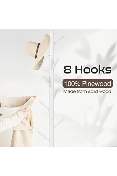 fulina Coat Rack Stand,3 Adjustable Sizes Wooden Coat Tree with 8 Hooks,for Hallway Entryway,White