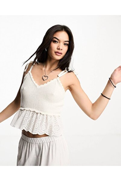 RİGALA Ekru V-Neck Straped Crochet Knitted Bustier