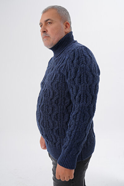 Trist Star Plus Size Men's Navy Blue Fisherman's Hair Braided Wool Sweater Trist-2119