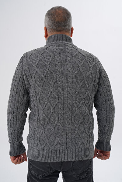 Trist Star Plus Size Men's Dark Gray Pocket Zipper Detailing Hair Braided Wool Cardigan Trist-2120