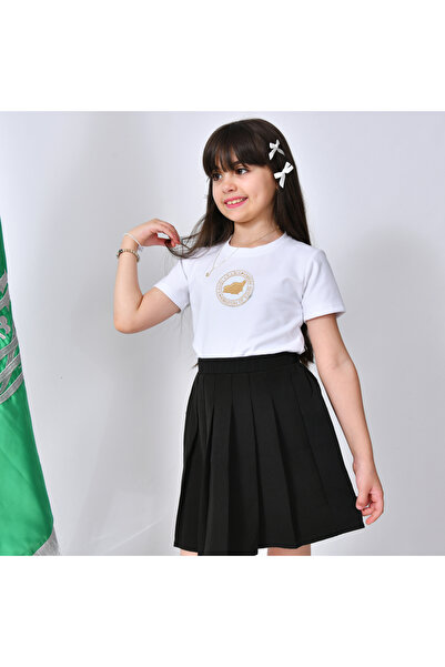 HAWRAA تيشيرت ابيض بتطريز ذهبي خريطة المملكة (للأولاد والبنات)