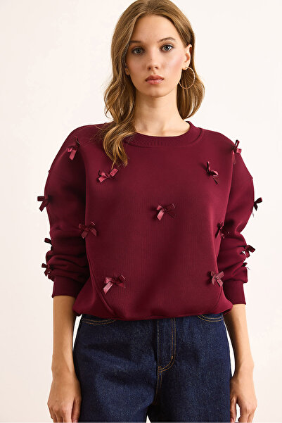 Olalook Hanorac pentru femei, bordeaux, cu cusături asimetrice, cu detaliu de fundă, cu broderie în relief, SWT-19000738