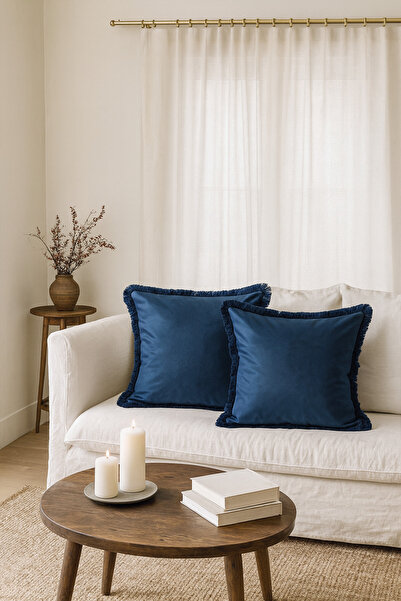 Nart Home طقم من قطعتين من أغطية وسائد مزخرفة ذات حواف مهدبة باللون الأزرق الداكن مقاس 43x43