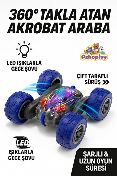 Pshoplay 360° Takla Atan Işıklı Şarjlı Akrobat RC Araba – Çift Taraflı Uzaktan Kumandalı Oyuncak