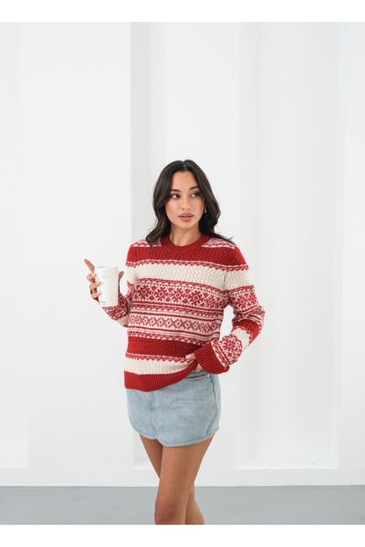 SHUGAA kadın bisiklet yaka ribana detay pamuklu yumoş armur desen trıko kazak