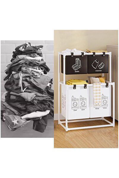 Flippy Coș de rufe, 2 niveluri, 4 coșuri, cadru din oțel inoxidabil, 97x44x57 cm, alb