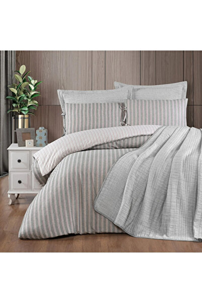 Asyağmur Yatak Örtülü Nevresim Takımı Keten Kumaş Çift Kişilik Çizgili Polycotton Kumaş