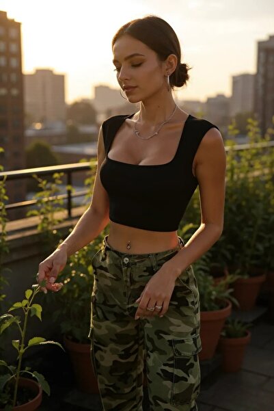 Genel Markalar Kadın Siyah Kare Yaka Kalınlaşan Omuz Detaylı Crop Top Bluz