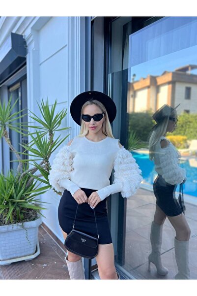 For Angels Tricotaj cu mâneci din blană, cu umăr expus