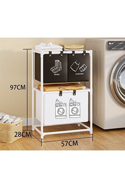 Flippy Coș de rufe pliant, 2 niveluri, 3 coșuri, cadru din oțel inoxidabil, 97x28x57 cm, alb