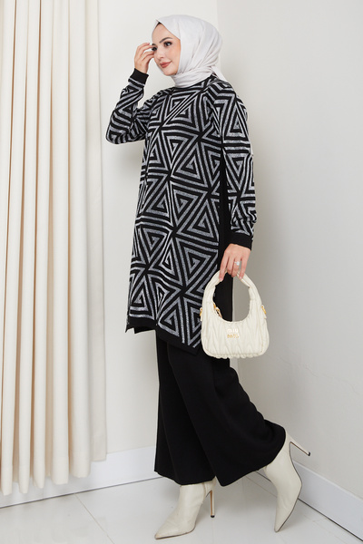 Lucia Fashion Triangle Glitter Woven Comfortable Fit Women's Tunic and Pants Hijab Knitwear Set