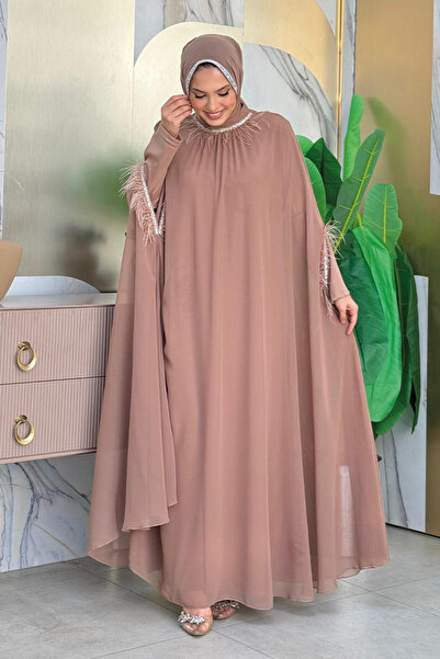 Bym Fashion Püsküllü Yakası Taş Detaylı Abayalı Elbise Takım 8494 Vizon