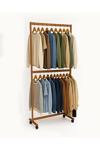 Weblonya Ayaklı Askı Ahşap Elbise Askısı 2 Katlı Askılık 5870