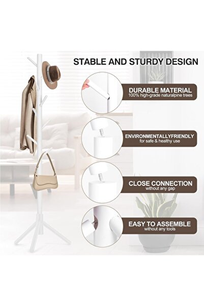 fulina Coat Rack Stand,3 Adjustable Sizes Wooden Coat Tree with 8 Hooks,for Hallway Entryway,White