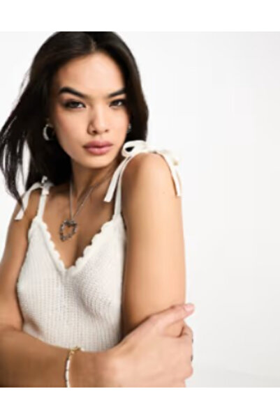 RİGALA Ekru V-Neck Straped Crochet Knitted Bustier