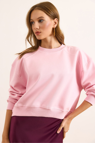Olalook Women's Pink Double Interlock Sleeve Detailed Thick Sweatshirt Swt-19000735