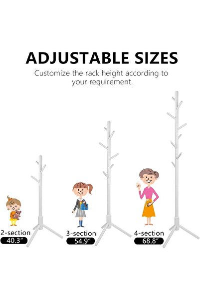 fulina Coat Rack Stand,3 Adjustable Sizes Wooden Coat Tree with 8 Hooks,for Hallway Entryway,White