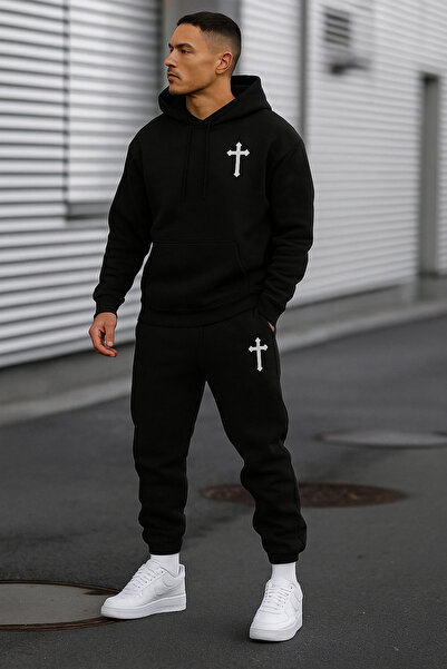 mercoledi Ανδρικό σετ Cross Black με κουκούλα Alt Top oversized Σετ αθλητικής φόρμας Kangaroo Pocket