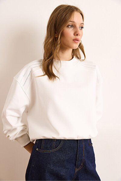 Olalook Γυναικείο λευκό φούτερ με λεπτομέρεια από πέτρα στους ώμους, χωρίς σαρκόνα, χοντρό φούτερ SWT-19000736