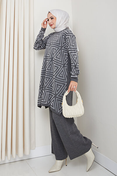 FERHEL Triangle Glitter Woven Comfortable Fit Women's Tunic and Pants Hijab Knitwear Set