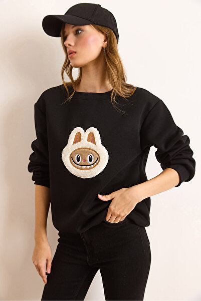 Olalook Women's Black Appliqued Basic Sweatshirt Swt-19000737