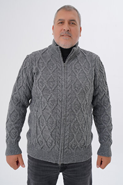 Trist Star Plus Size Men's Dark Gray Pocket Zipper Detailing Hair Braided Wool Cardigan Trist-2120