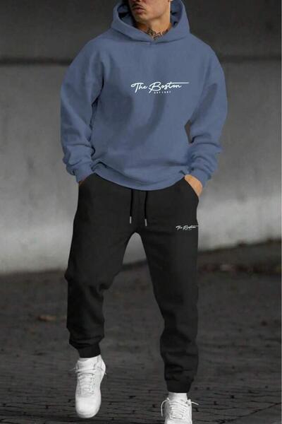 NO 601 Men's Limonküfü the Bston Winter Hooded Black Printed Sweatpants Set