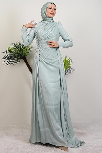 GİYZAMİLA فستان سهرة بتفاصيل حجر يارين باللون الأخضر المائي