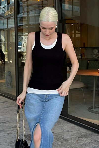 Madmext Black Double Layer Look Women's Tank Top Mg2558