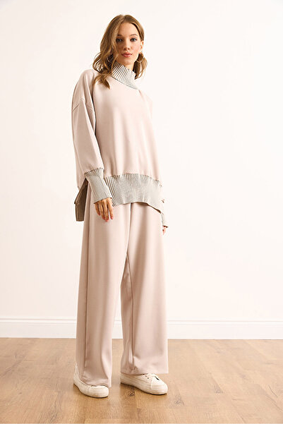 Olalook Kadın Bej Premium Triko Detaylı Modal Alt Üst Takım TKM-19000429