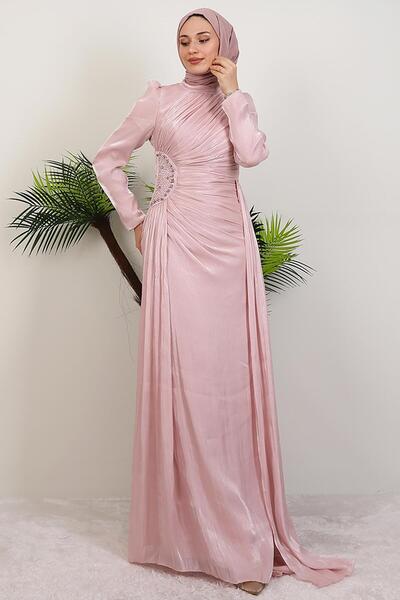 GİYZAMİLA Yaren Taş Detay Abiye Soft Pembe