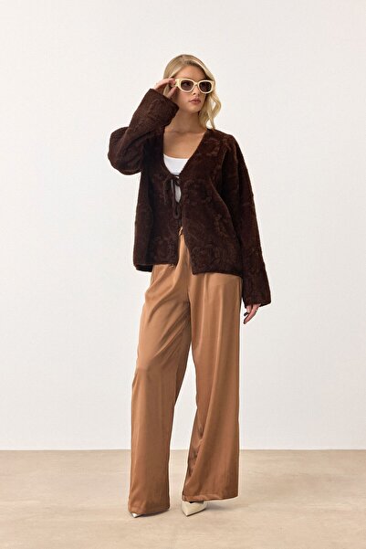 VAGGON Women's Bitter Brown V-Neck Lace Detailed Patterned Knitwear Cardigan Vs00902