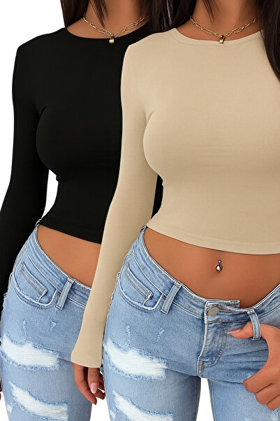 ÖZ PAMUK Μπλούζα με μακρυμάνικο λίκρα από βασικό απλό ύφασμα, 2 τεμάχια, με λ...