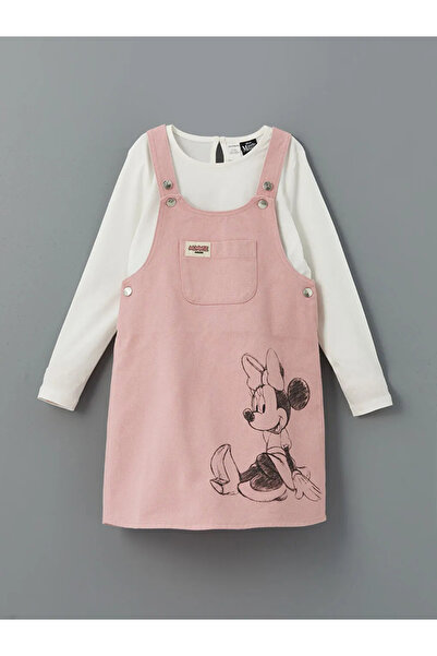 LC Waikiki LCW Kids Minnie Mouse Baskılı %100 Pamuk Kız Çocuk Salopet Elbise Ve Tişört 2'li Takım