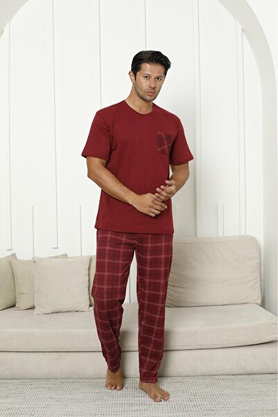 FORMO Erkek %100 Organik Doğal Pamuk Ekose Cep Detaplı Yüksek Kalite Kısa Kollu Pijama Takımı