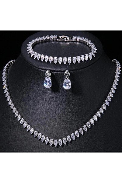 Pursehuit Set colier, cercei și brățară, tenis, culoare argintie, cu pietre d...