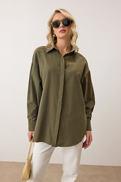 VAGGON Women's Khaki Long Sleeve Oversize Poplin Shirt Vs00925